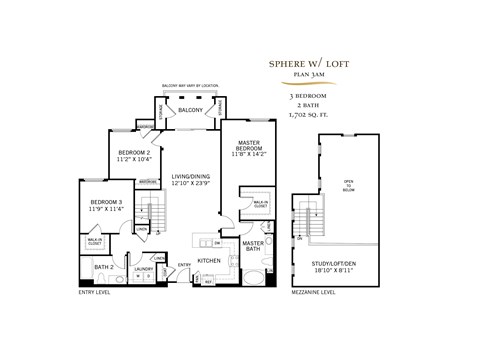Floor plan for 3 beds, 2 baths, 1702 sqft